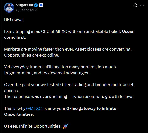 MEXC Appoints Vugar Usi as CEO to Lead Multi-Asset Expansion